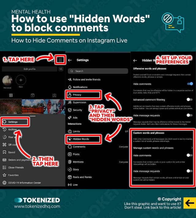 Step-by-step guide explaining how to use "Hidden Words" to block comments on Instagram.