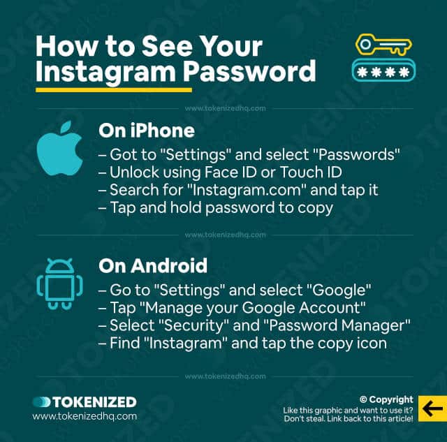 Infographic explaining how to see your Instagram password if you're logged in on your phone.