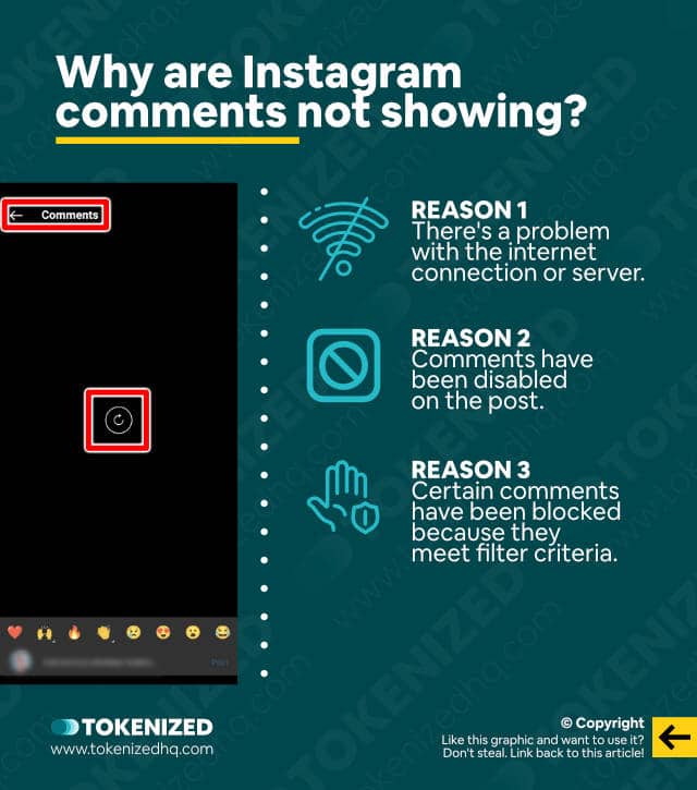 Infographic explaining some of the reasons why you can't see comments on Instagram.