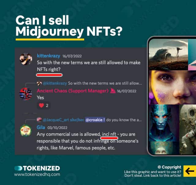 Infographic explaining that you're allowed to sell Midjourney NFTs.