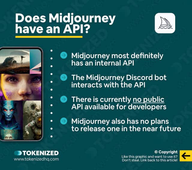 Infographic explainig that Midjourney doesn't have a public API.