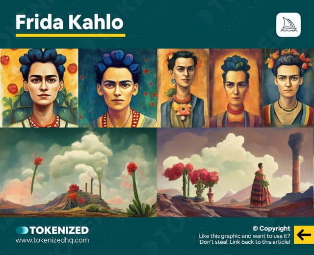 Examples of Midjourney's interpretation of Frida Kahlo's art style.