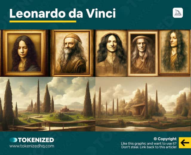 examples of midjourney artist style leonardo va vinci infographic