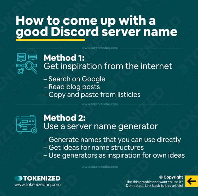 Infographic explaining 2 methods of how to come up wtih a good Discord server name.