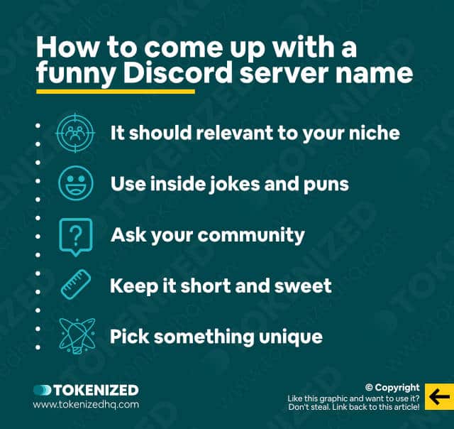 Infographic explaining how to come up with a funny Discord server name.