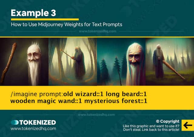 Examples of a prompt with equal text weights in Midjourney.