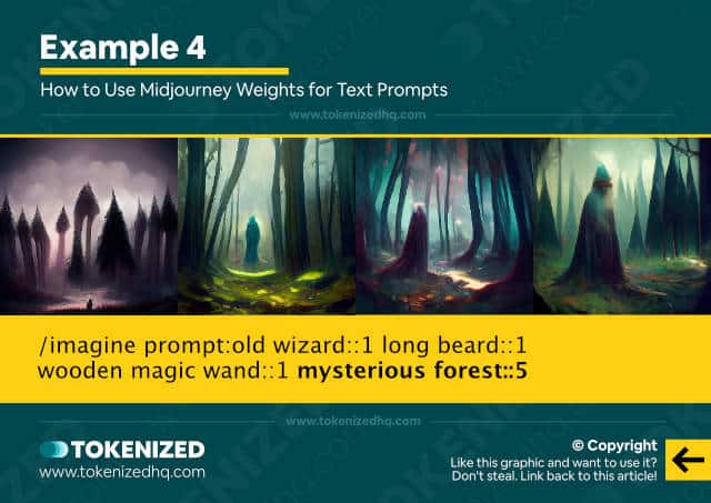 Examples of a prompt with advanced text weights in Midjourney.