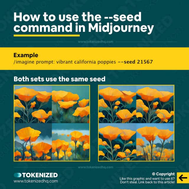 Infographic explaining how to use the --seed command in Midjourney.