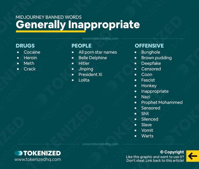 List of Banned Words in Midjourney from the "Generally Inappropriate" category.