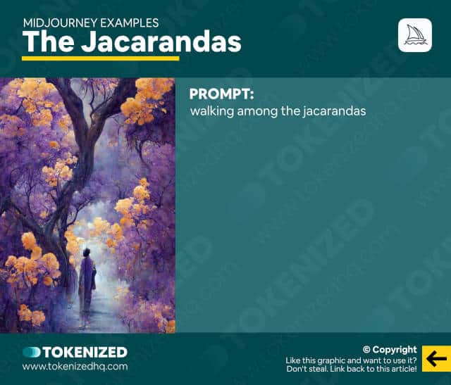 Midjourney text examples: The Jacarandas