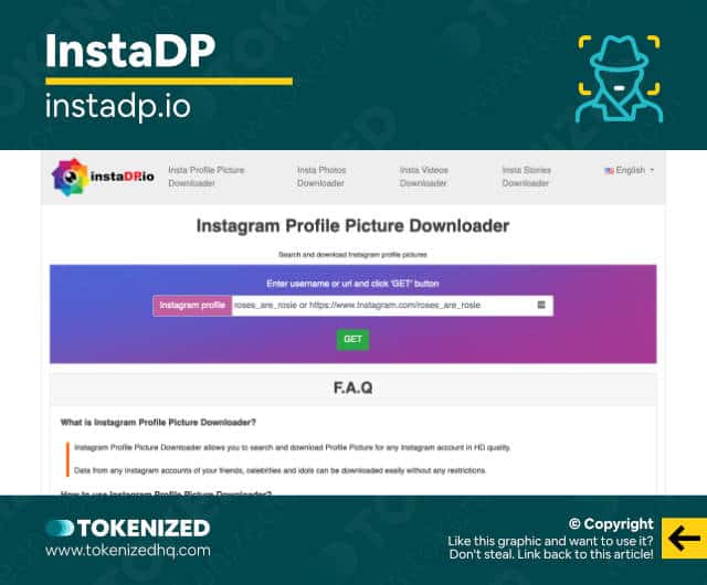 Screenshot of the InstaDP Instagram PFP downloader website.