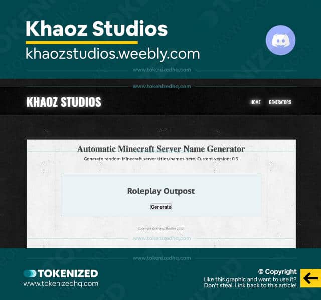 Screenshot of the Khaoz Studios server name generator website.