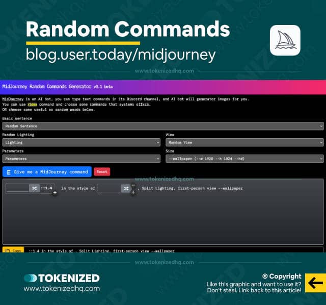 Screenshots of the "Midjourney Random Commands Generator" website.