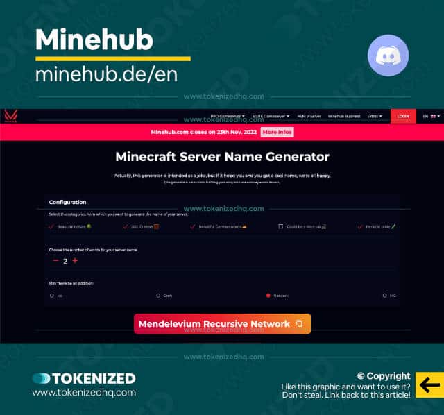 Screenshot of the Minehub server name generator website.