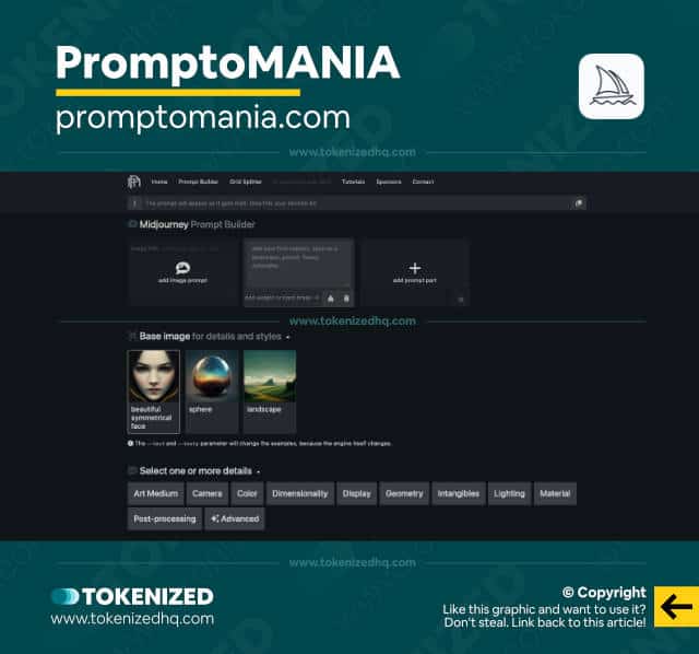 Screenshot of the "promptoMANIA" Midjourney prompt builder website.
