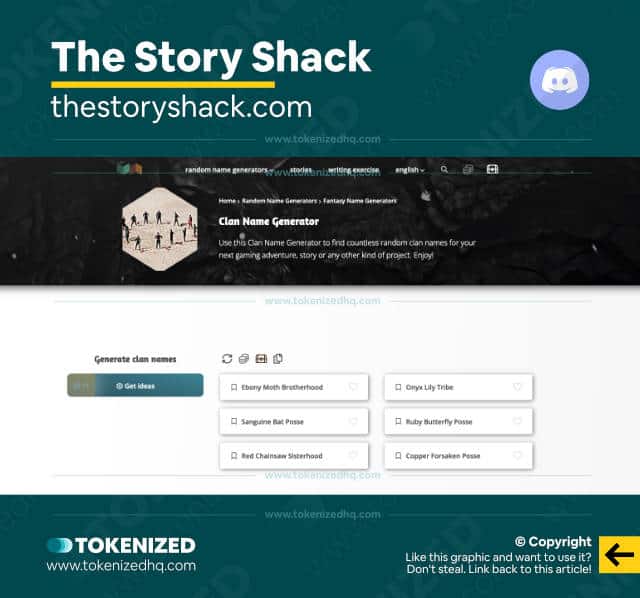 Screenshot of the Story Shack clan name generator website.