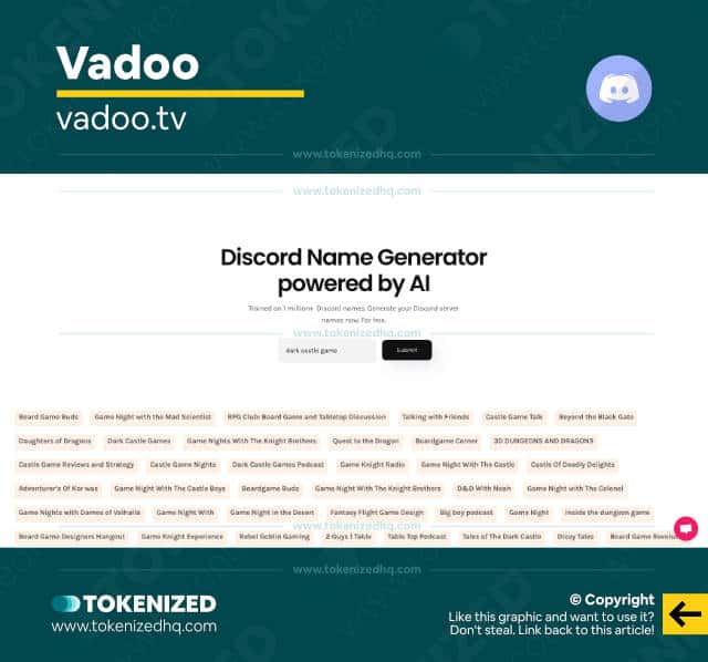 Screenshot of the Vadoo Discord name generator website.