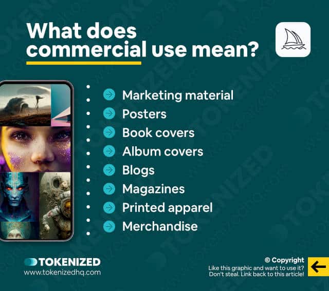 Infographic explaining what "Commercial Use" means in the content of Midjourney.