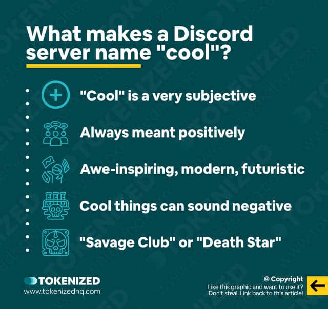 Infographic explaining what makes a Discord server name "cool".