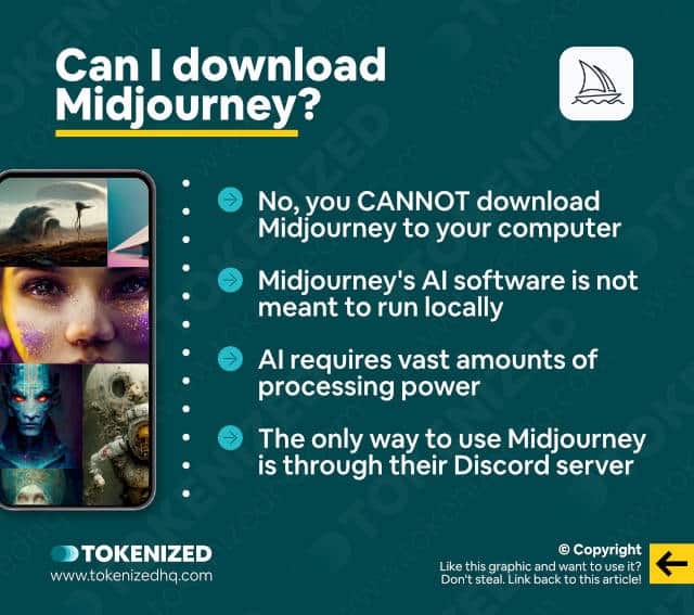Infographic explaining that you cannot download Midjourney to your computer.
