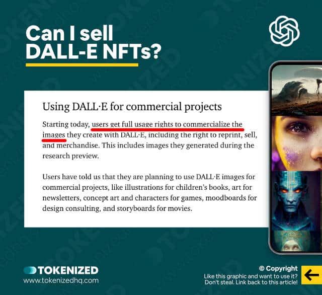 Infographic explaining that you can sell DALL-E NFTs as long as you stick to the DALL-E content policy.