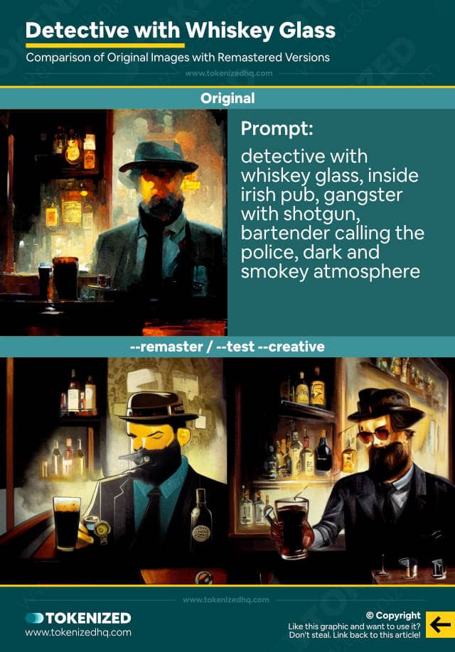 Comparison of an old Midjourney job with the remastered versions for "Detective with Whiskey Glass"