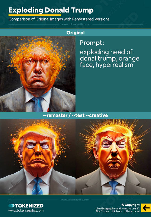 Comparison of an old Midjourney job with the remastered versions for "Exploding Donald Trump"