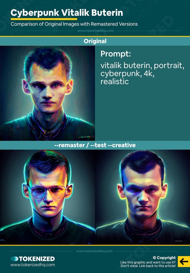 Comparison of an old Midjourney job with the remastered versions for "Cyberpunk Vitalik Buterin"