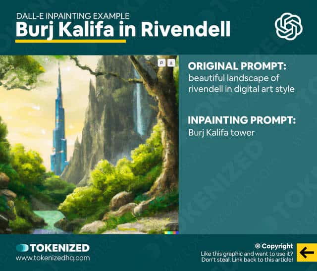 Example of the DALL-E Inpainting feature – Burj Kalifa added to a landscape.