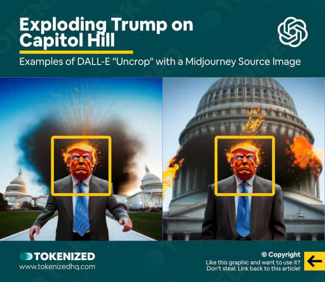 Example of a Midjourney source image uncropped in DALL-E 2 – "Exploding Trump on Capitol Hill"