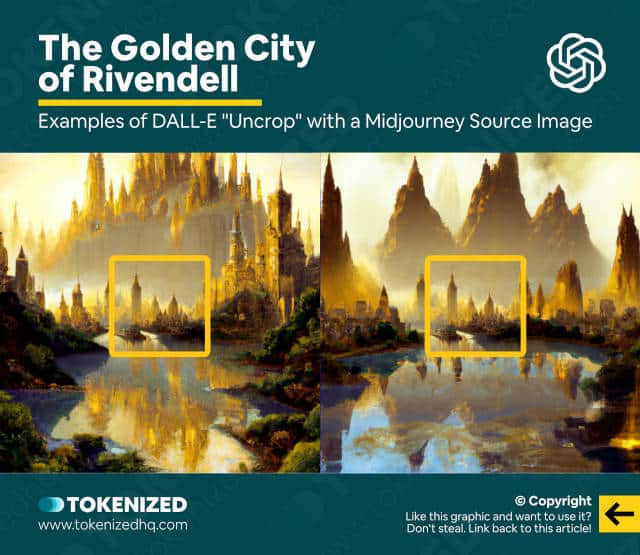 Example of a Midjourney source image uncropped in DALL-E 2 – "The Golden City of Rivendell"