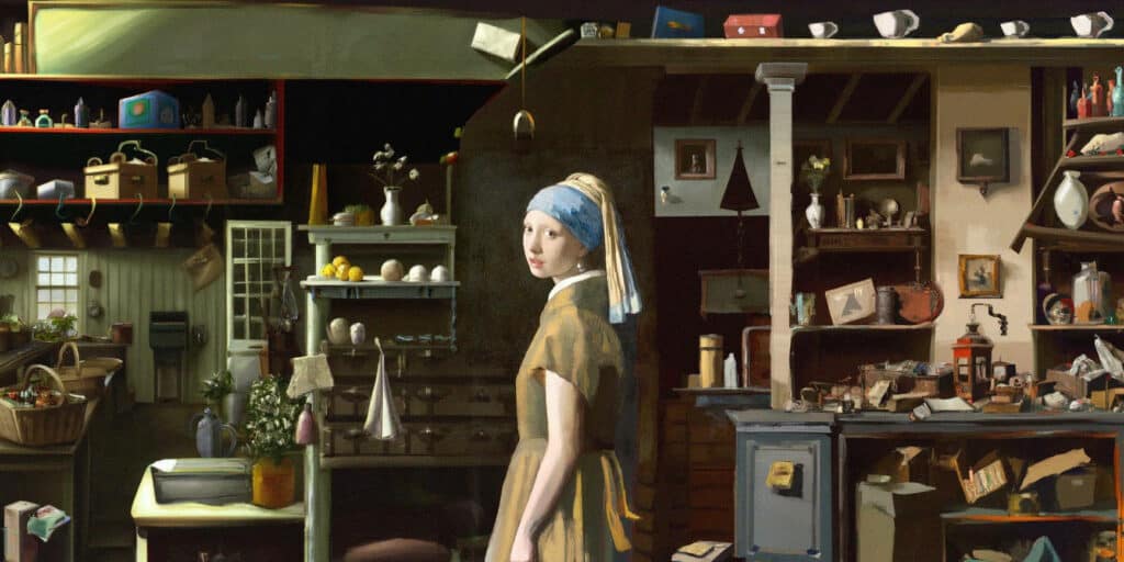 Examples of an image "outpainted" with DALL-E 2 using "Girl with a Pearl Earring" as a source.