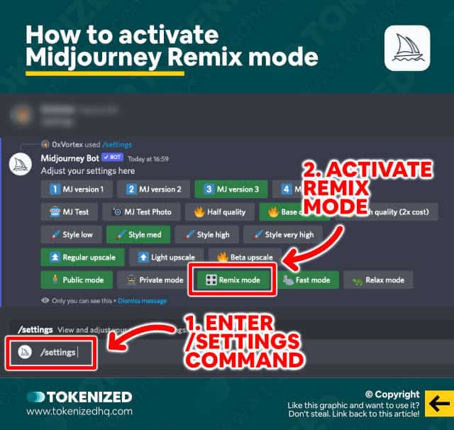 Infographic showing how to activate Midjourney Remix mode.