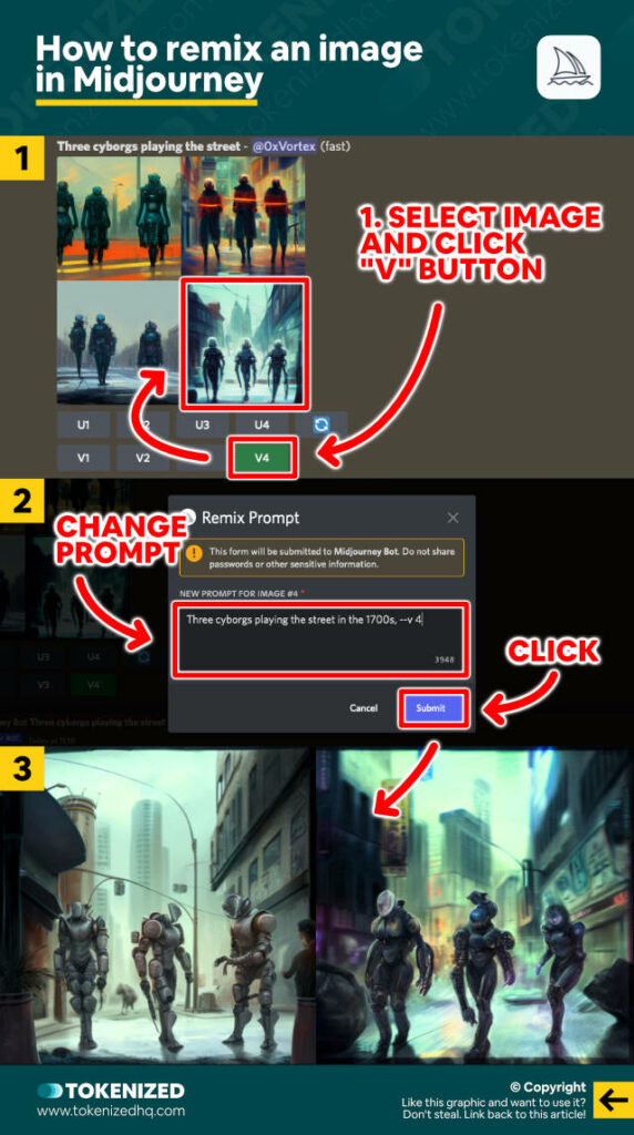 Step-by-step guide explaining how to remix an image in Midjourney.