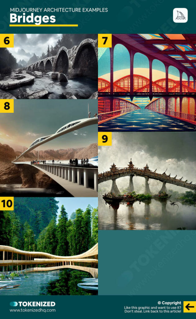 5 Midjourney architecture examples for bridge-like structures.