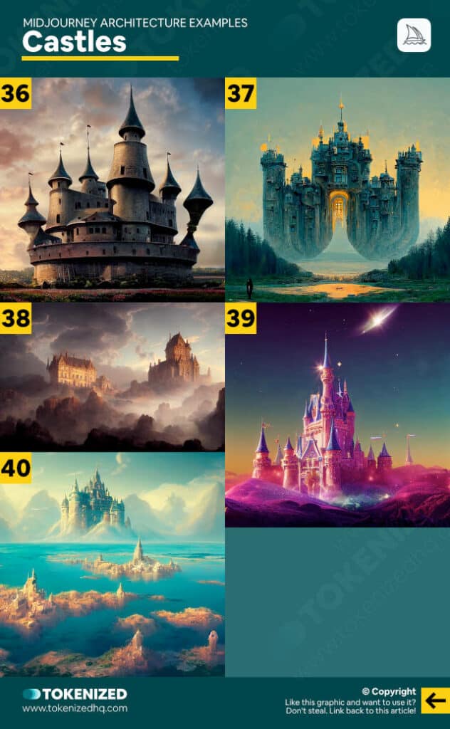 5 Midjourney architecture examples for castle structures.