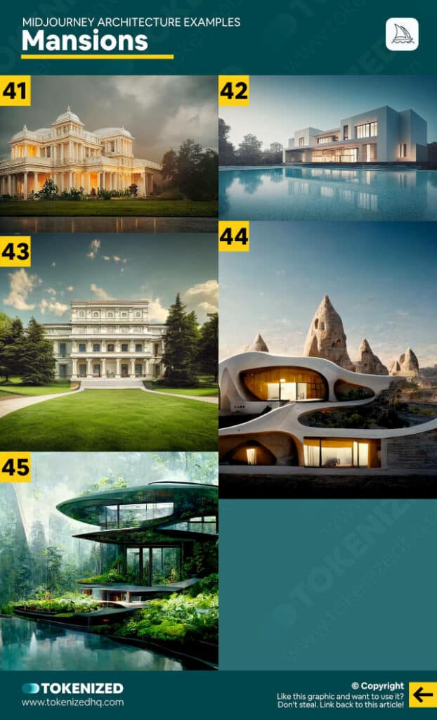 5 Midjourney architecture examples for mansions.