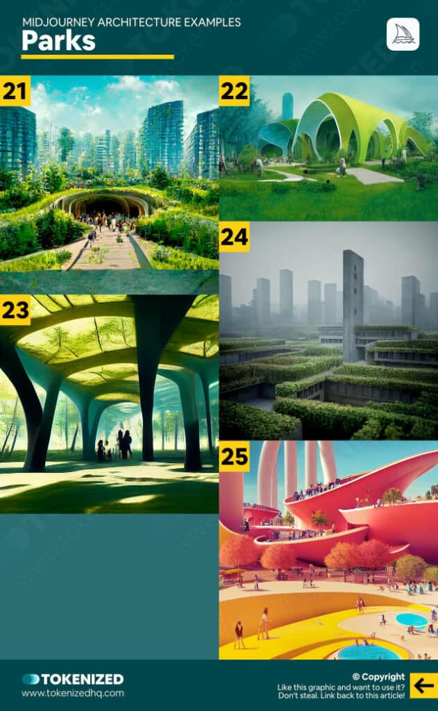 5 Midjourney architecture examples for public parks.