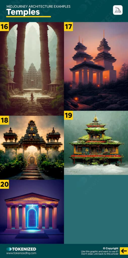 5 Midjourney architecture examples for temple structures.