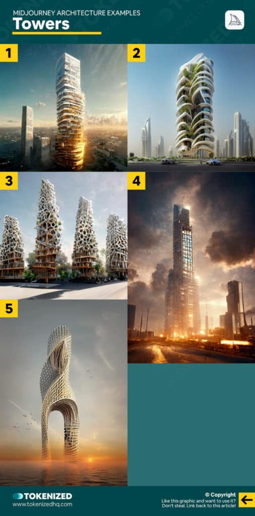 5 Midjourney architecture examples for Tower-like structures.