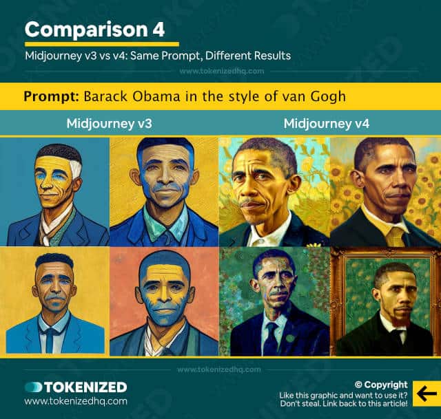Side-by-side comparison of images generated with version 3 and 4 of Midjourney using the same "Barack Obama in the style of van Gogh" prompt.