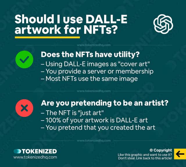 Infographic explaining when you should use DALL-E artwork for NFTs and when you should not.