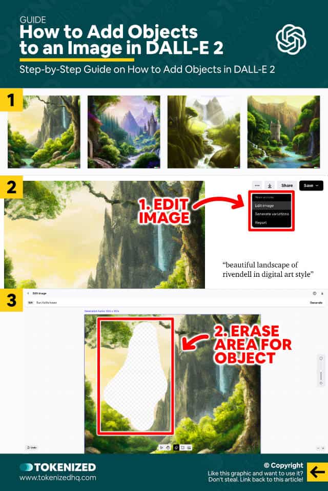 Step-by-step guide on how to add objects to an image in DALL-E.