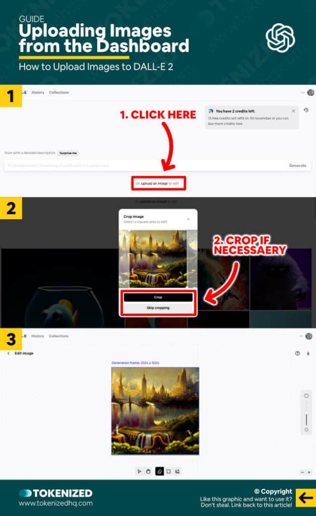 Step-by-step guide on how to upload images to DALL-E from the Dashboard.