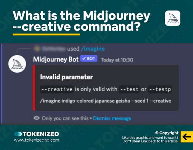 Infographic showing that the Midjourney Creative command isn't valid without --test or --testp.