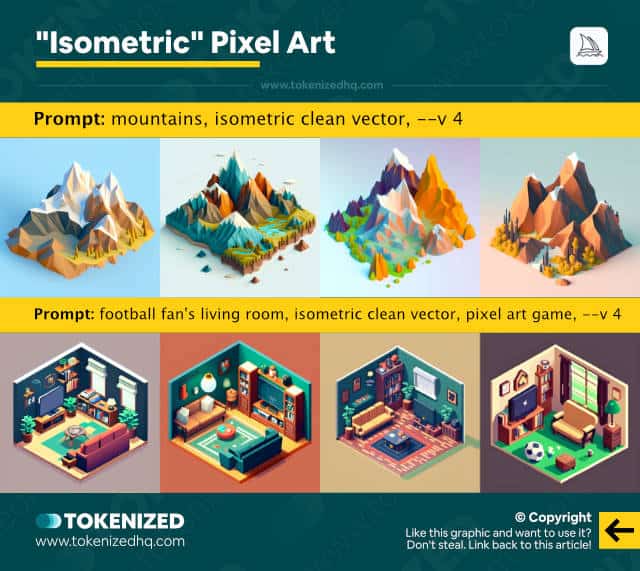 Examples of "isometric" Midjourney pixel art with prompt templates.