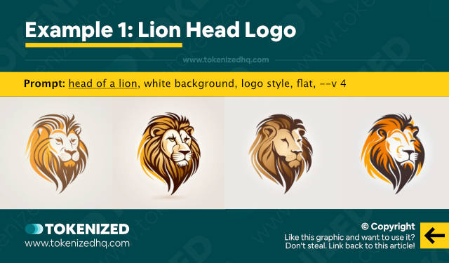 Infographic showing an example of Midjourney logo design: Lion Head Logo