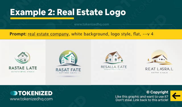 Infographic showing an example of Midjourney logo design: Real Estate Logo