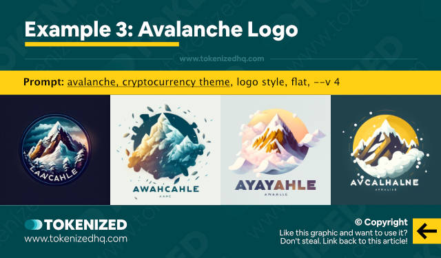 Infographic showing an example of Midjourney logo design: Avalanche Logo