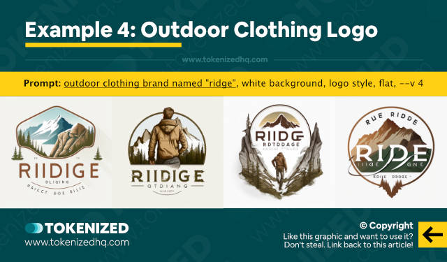 Infographic showing an example of Midjourney logo design: Outdoor Clothing Logo